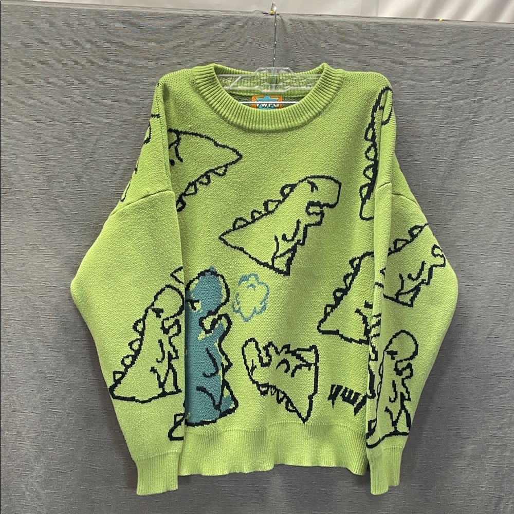 YWFG Dinosaur Patterned Green Crewneck knit Sweater